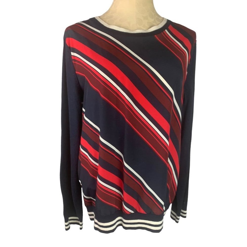 Large Tommy Hilfiger Women's Pullover Designer Print Mixed Fabric Sweater Navy R